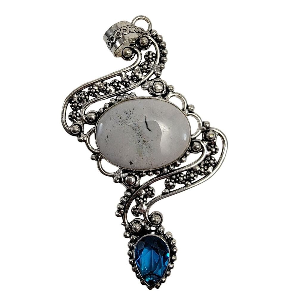 Dendritic Agate Sterling Silver Pendant Necklace with Faceted Blue Stone